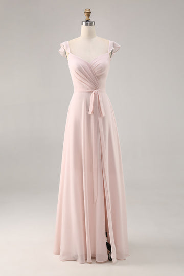 Candy Pink Cap Sleeves Ruched Long Bridesmaid Dress with Sash
